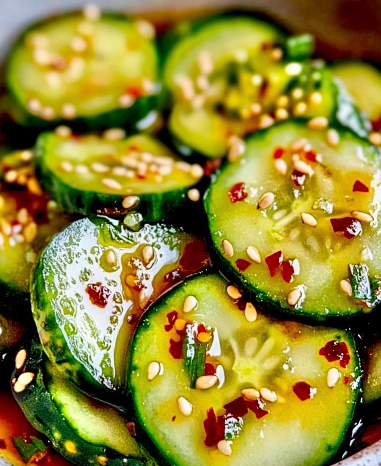 Spicy cucumber salad with sesame seeds and chili flakes.