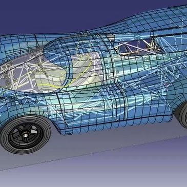 3D CAD model of a race car with transparent wireframe overlay showing internal structure.