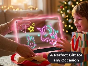 Child excitedly receiving a glowing, magical drawing tablet as a gift.