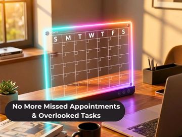 A futuristic transparent digital calendar on a desk with reminder text.