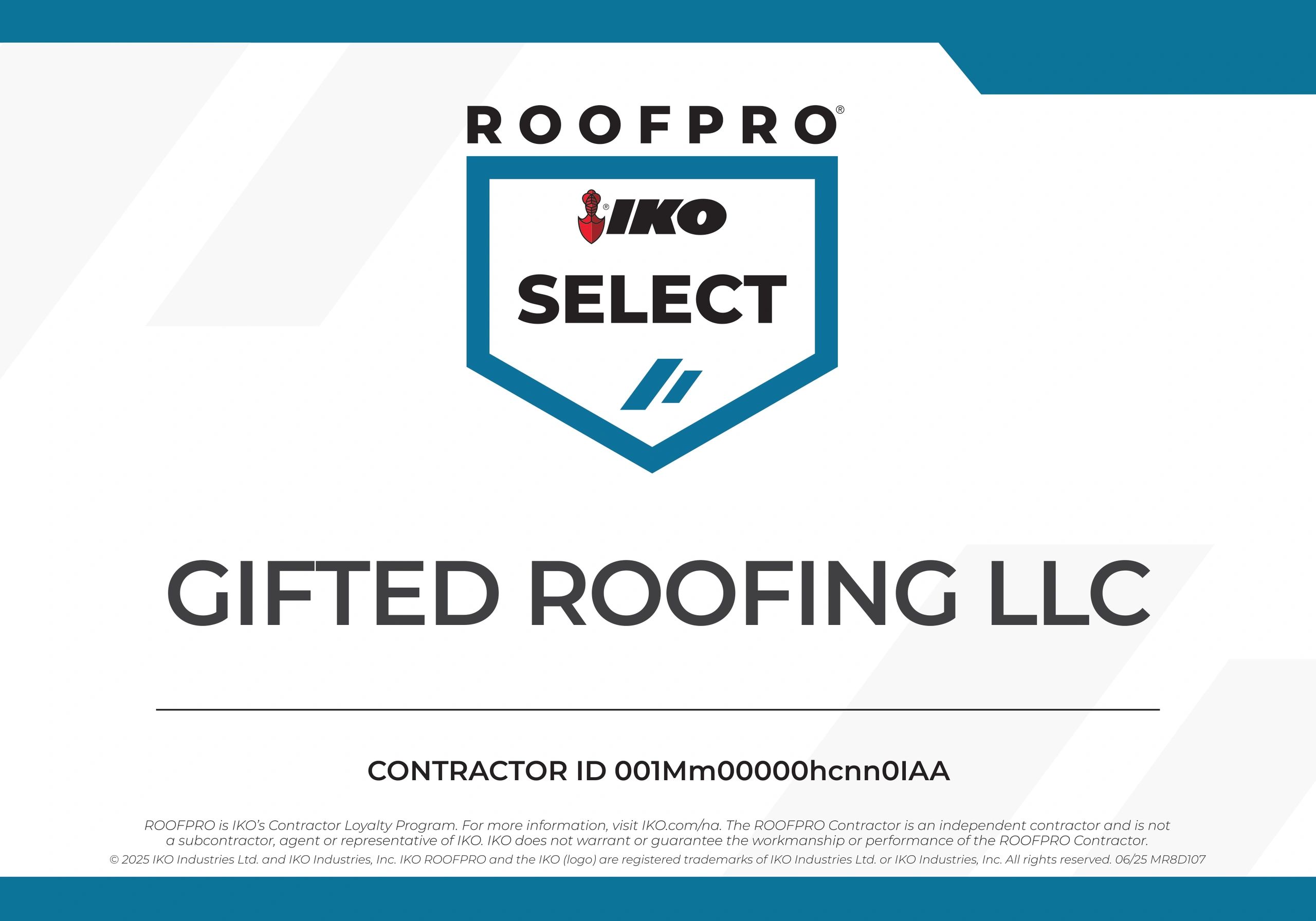 Gifted Roofing LLC certified as ROOFPRO IKO Select contractor.