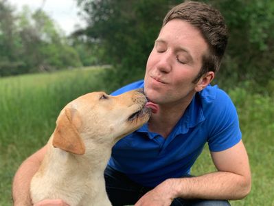 A man in a blue shirt being licked by a yellow Labrador puppy outdoors.