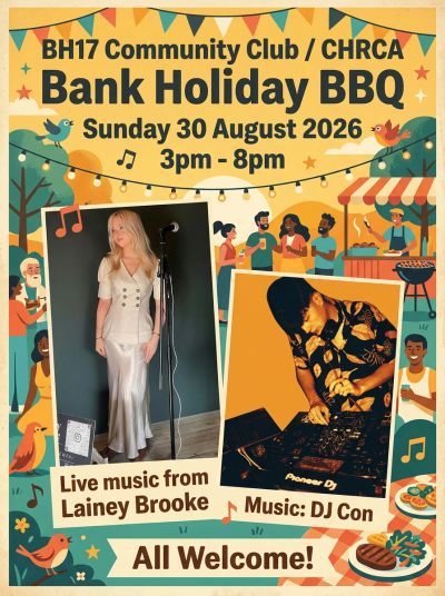 Flyer for BH17 Community Club Bank Holiday BBQ with live music.