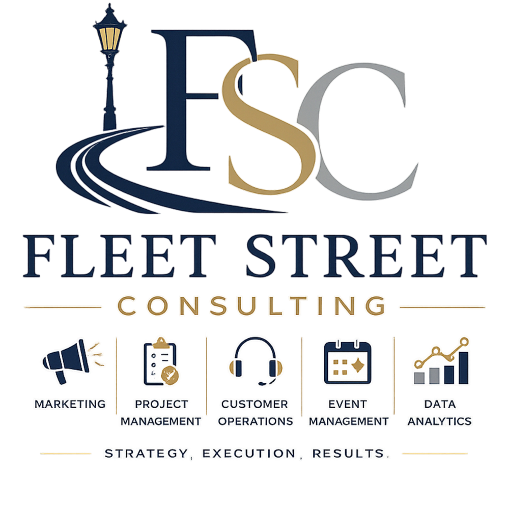 Logo for Fleet Street Consulting with service icons and tagline.