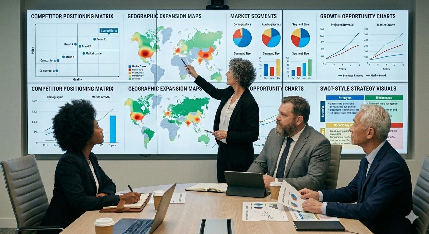 Executives reviewing market opportunities and competitive positioning analysis
