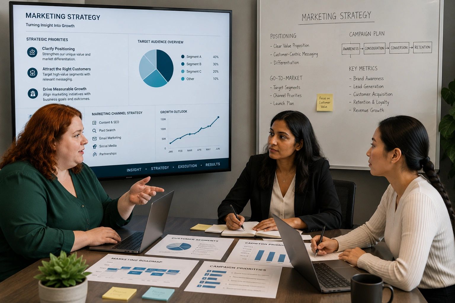 Marketing strategy consulting meeting focused on positioning and customer growth
