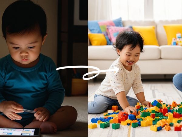 Child shifts from screen time to playful building with blocks, smiling and engaged.