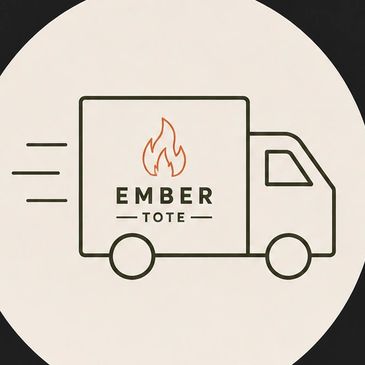 Logo of a delivery truck with a flame symbol and 'EMBER TOTE' text.