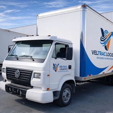 White Veltrac Logistics delivery truck parked outside a warehouse.
