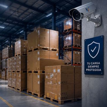 Warehouse storage with security camera and protection sign in Spanish.