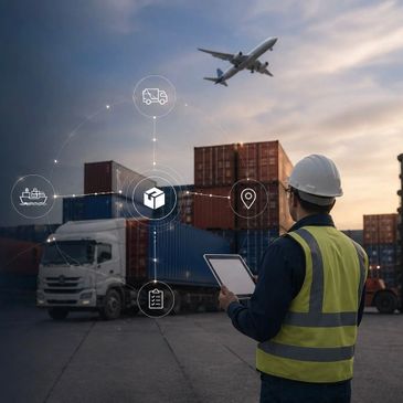 Logistics worker managing shipping and transport with digital technology at a container port.