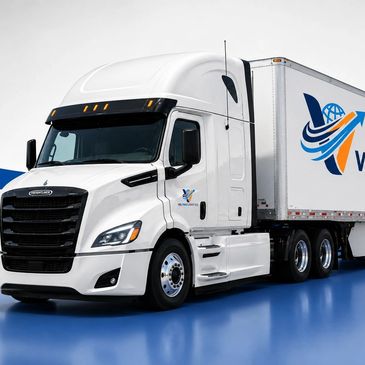 White semi-truck with a trailer featuring a global logistics logo.