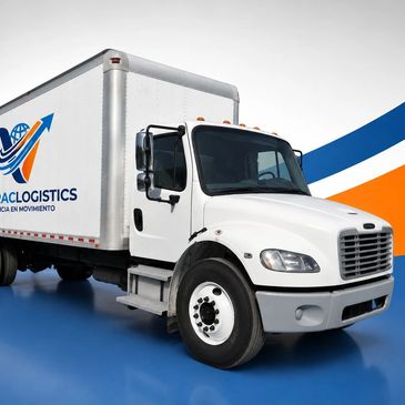 White logistics truck with company logo on the side.