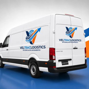 White delivery van with Veltrac Logistics branding and slogan.