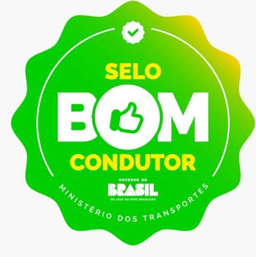 Green seal with thumbs-up symbol, labeled 'Selo Bom Condutor'.