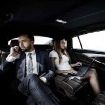 Businessman and businesswoman working in a car's backseat.