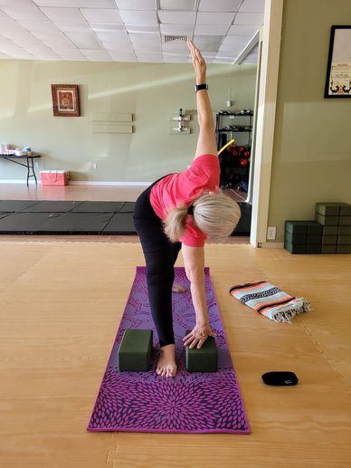 A woman practicing yoga