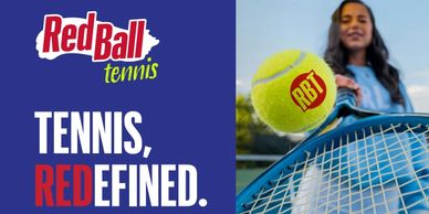 Red Ball Tennis promotes with a slogan and a dynamic tennis ball image.