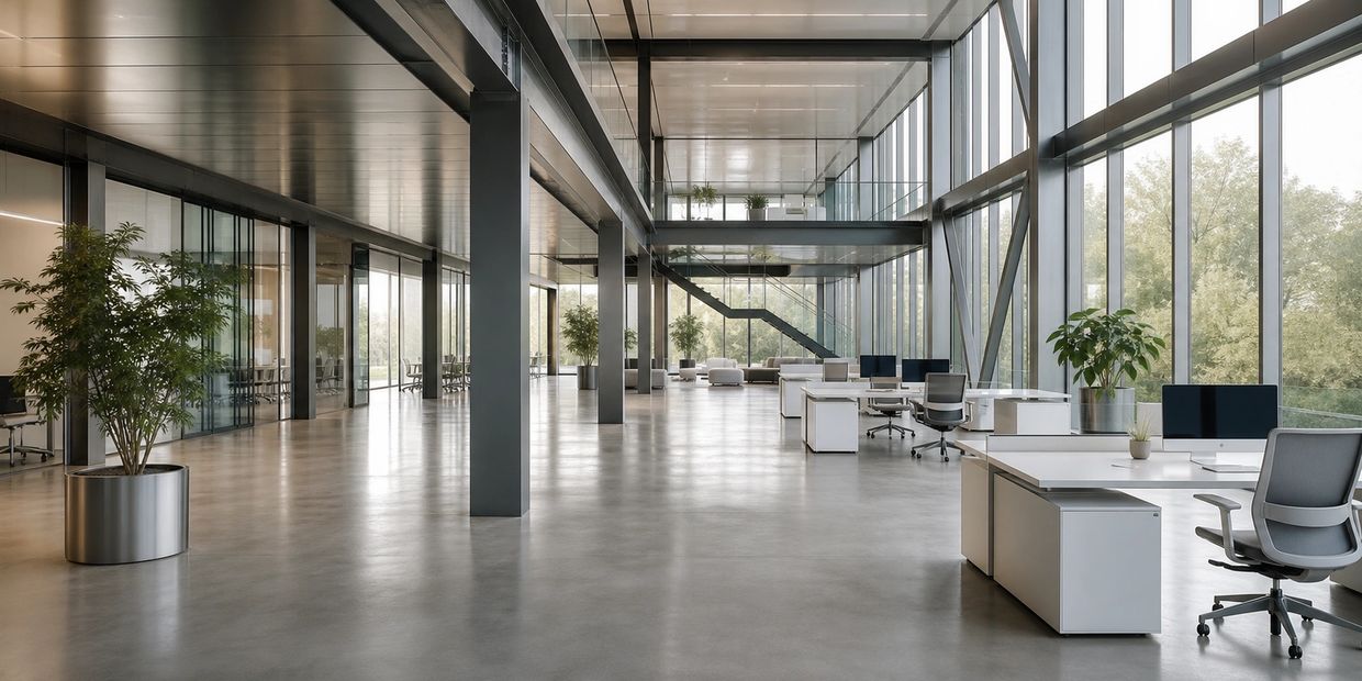 A spacious modern office with glass walls and white desks.