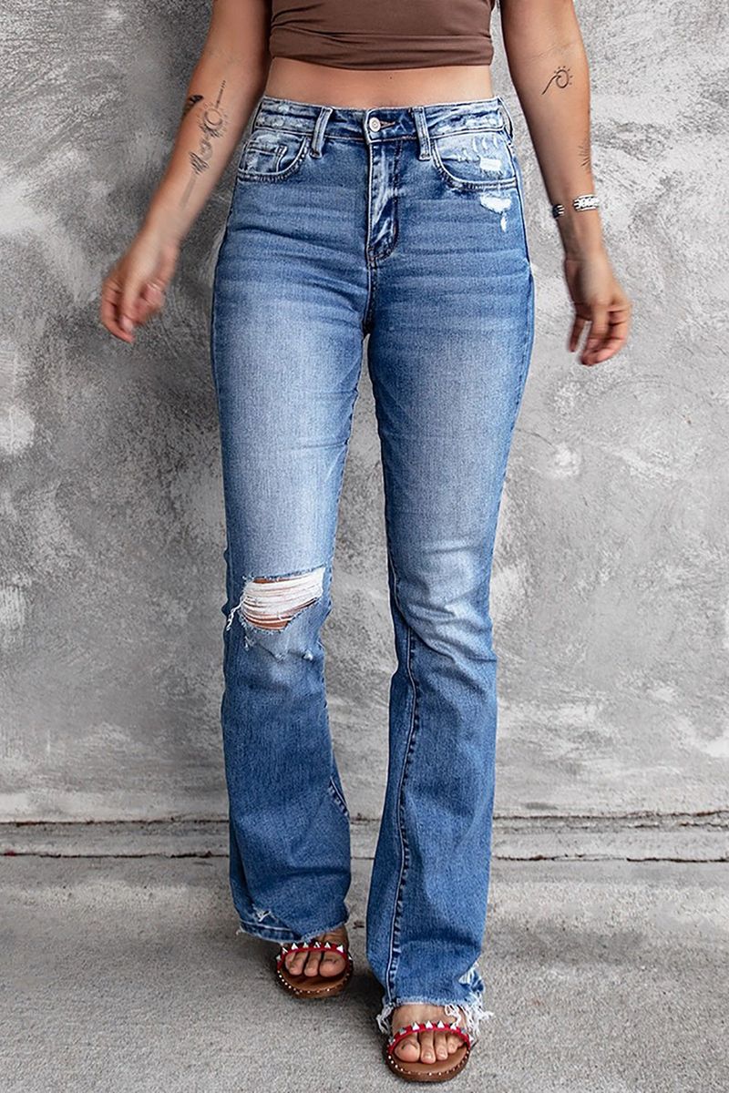 Blue Distressed Hippie Flare Jeans