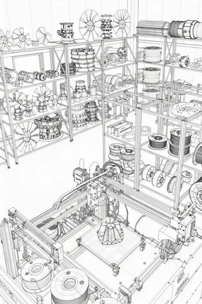3D printer surrounded by various mechanical parts on shelves in a workshop.