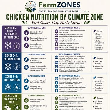 Infographic showing chicken nutrition adjustments by climate zones.