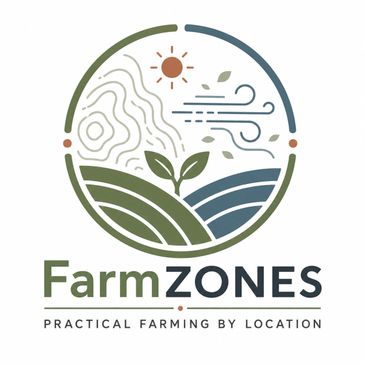 Logo showing a farm landscape with sun, wind, and plant inside a circle.