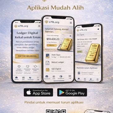 Aplikasi mudah alih untuk ledger digital dan simpanan emas dengan muat turun App Store dan Google Play.