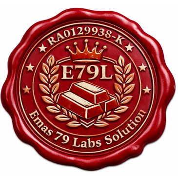 Red wax seal with gold bars and crown emblem for Emas 79 Labs Solution.