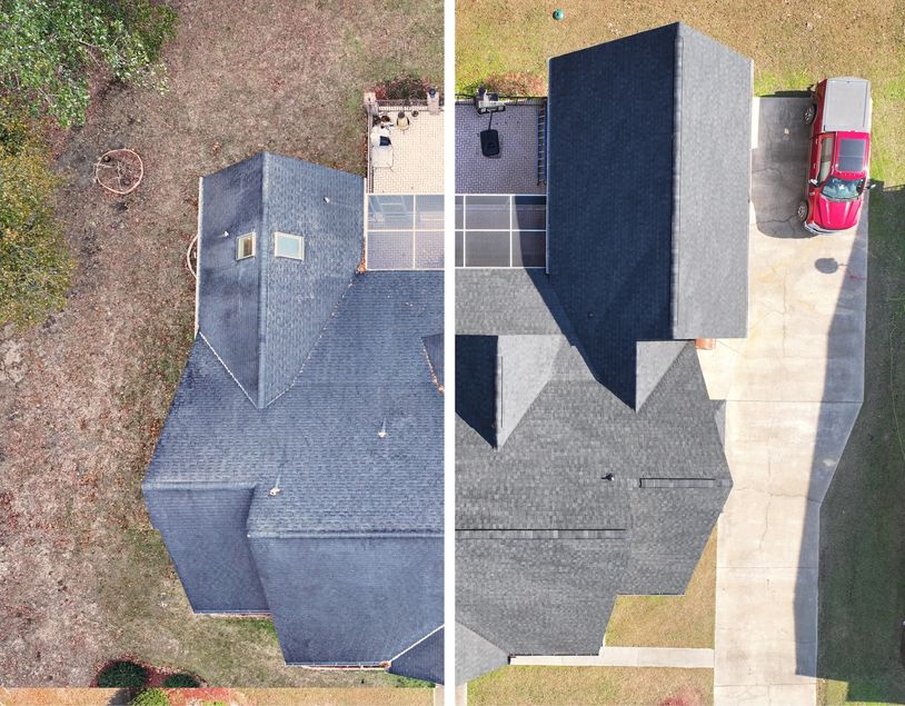 Side-by-side aerial views of a house before and after roof replacement.