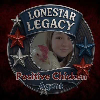 A woman and a chicken inside a Lonestar Legacy Positive Chicken Agent emblem.