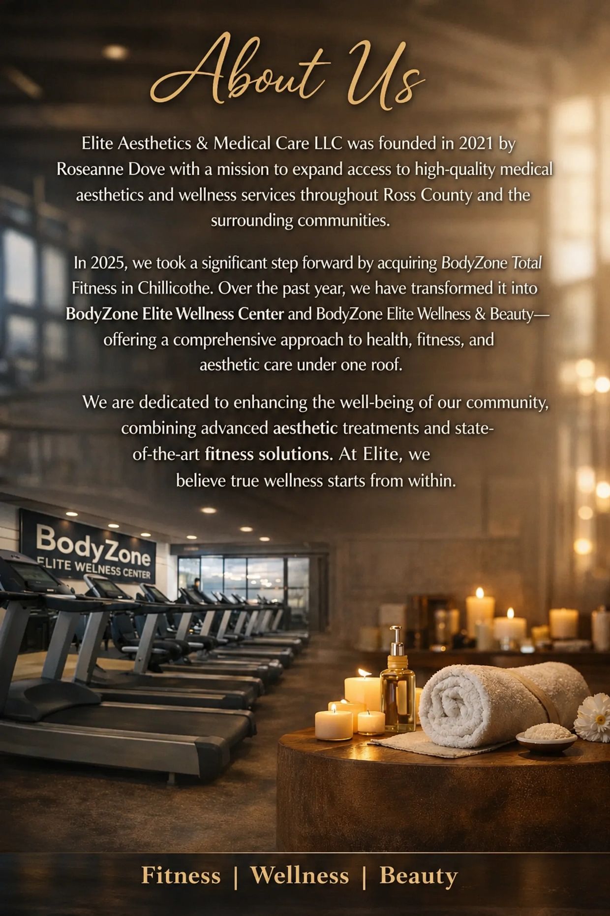 A serene wellness center combining fitness, beauty, and medical aesthetics with warm lighting and spa elements.