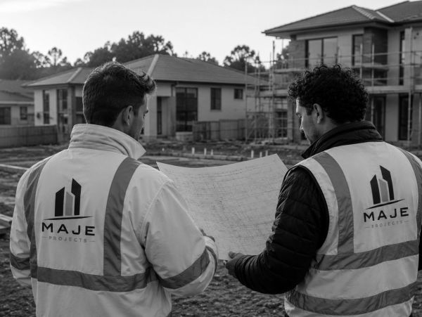 Two men in MAJE Projects jackets reviewing construction plans at a building site.