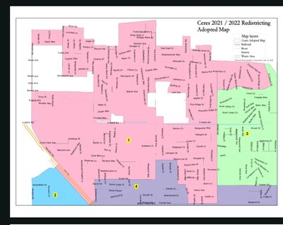 Color-coded map showing redistricting zones for Ceres 2021-2022 with neighborhood names.