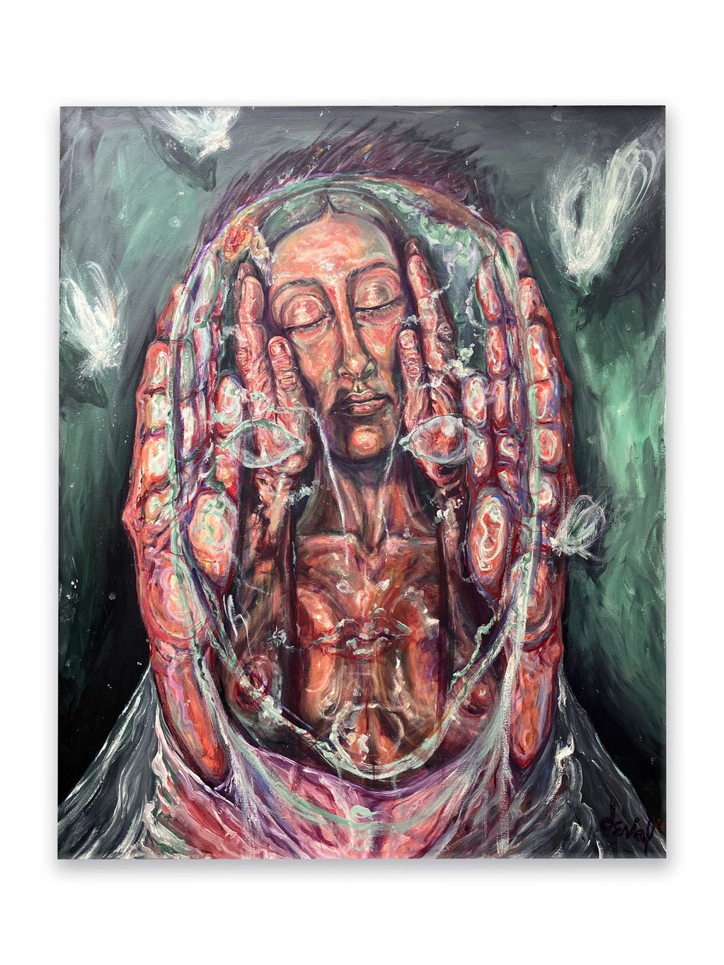 An abstract painting of a serene face surrounded by multiple hands and ethereal white shapes.