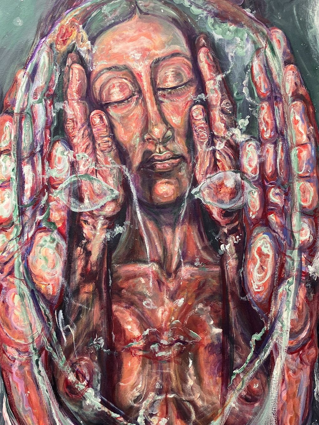 Abstract painting of a serene face surrounded by multiple hands and eyes.