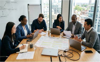 Diverse team collaborating in a modern office meeting with laptops and documents.
