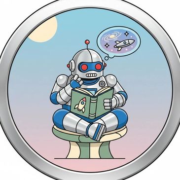 Robot reading a book about space and dreaming of rockets.