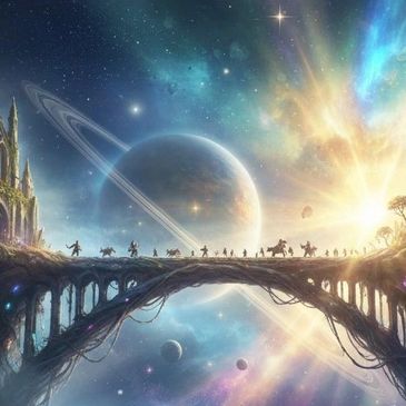 A mystical bridge connects two glowing, ancient structures under a cosmic sky with planets and stars.