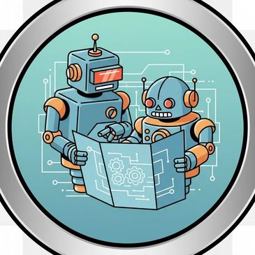 Two retro robots studying a blueprint with circuit patterns.