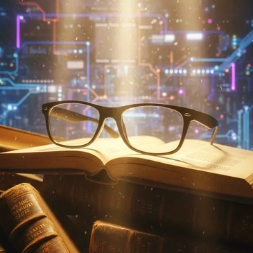 Glasses on an open book with glowing circuit background.
