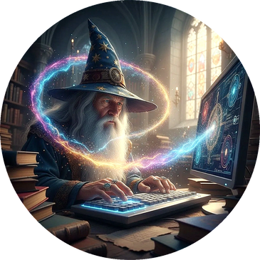 A wizard conjures magical energy while typing on a glowing keyboard in a mystical library.