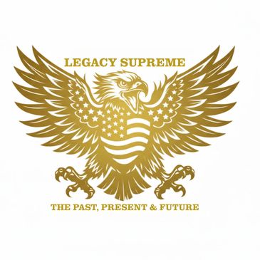 Gold eagle emblem with American flag motif and text Legacy Supreme.