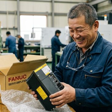 Smiling worker holding a FANUC servo amplifier in a factory setting.