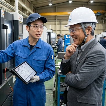 Engineer explains machine details to supervisor using a tablet in a factory.