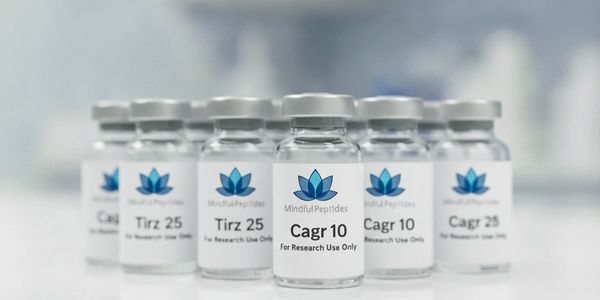 Clear vials of research peptides labeled Cagr 10 and Tirz 25.