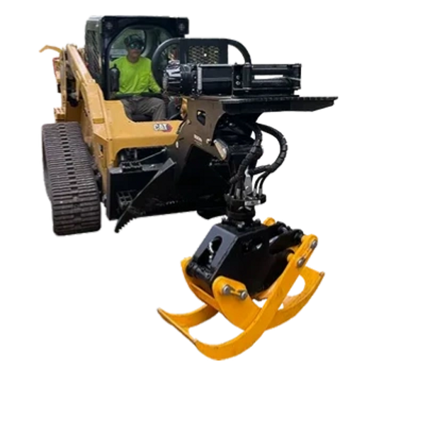 Applewood operating a tracked skid steer loader with rotating grapple attachment.