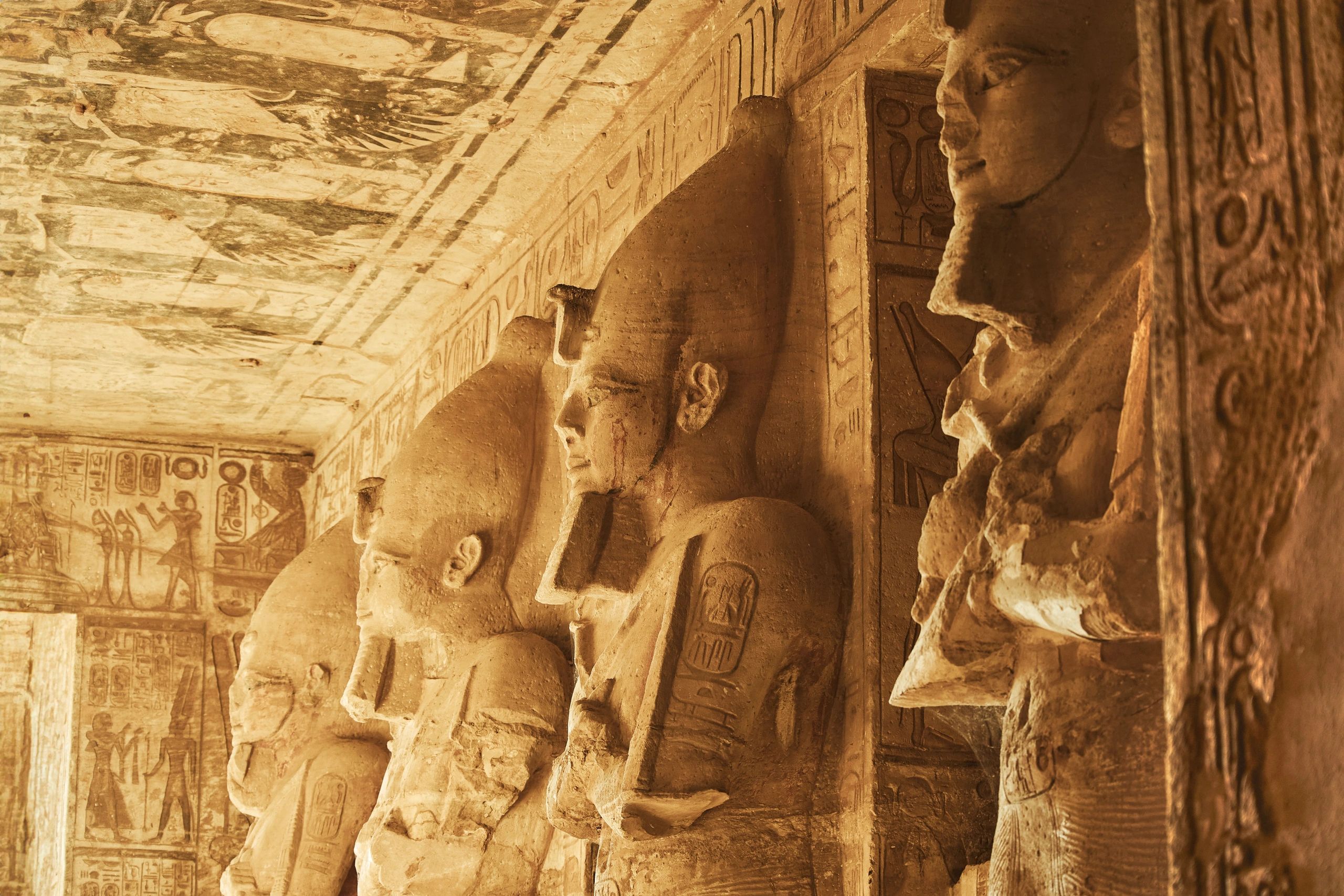 Sculptures from The Great Temple of Ramesses II in Abu Simbel. Osiris pillars in the Hypostyle Hall