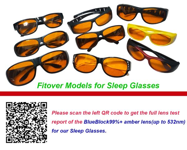 Various models of amber sleep glasses with a QR code for lens test reports.