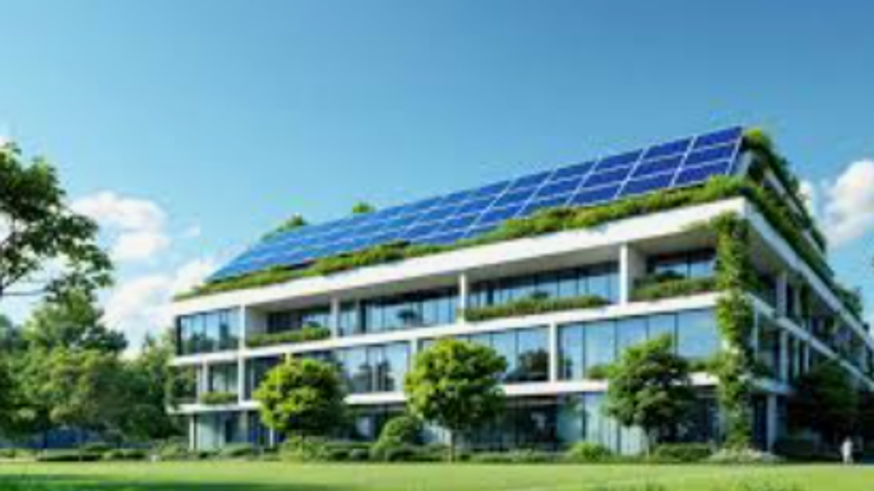 Modern eco-friendly building with solar panels and greenery on the roof.